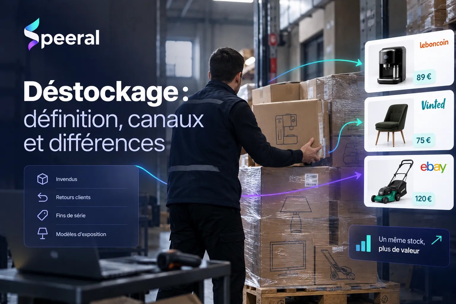 Déstockage en entrepôt avec un même stock valorisé différemment selon le canal, leboncoin, Vinted ou eBay