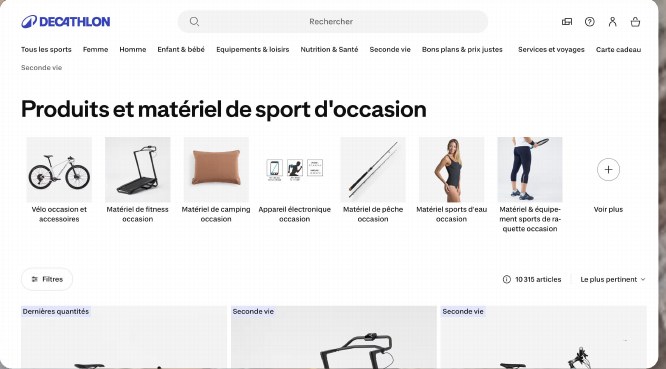 Portail de seconde main d'une enseigne de sport, présentant des produits d'occasion classés par catégorie sous la marque de l'enseigne